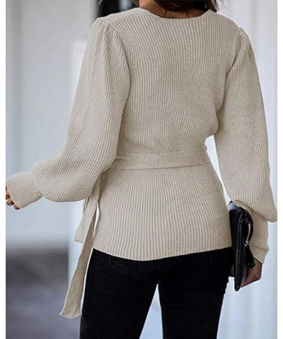 Women's 2024 Fall Winter Wrap V Neck Sweater Balloon Sleeves Ribbed Knitted Pullover Tie Front Tunic Top Jumper Apricot $14.7...