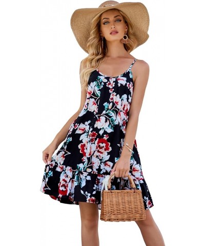 Women's Spaghetti Strap Mini Dress V Neck Boho Floral Printed Casual Summer Beach Short Sundress with Pockets Black Flower $1...