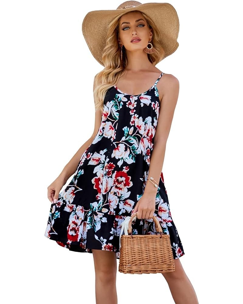 Women's Spaghetti Strap Mini Dress V Neck Boho Floral Printed Casual Summer Beach Short Sundress with Pockets Black Flower $1...