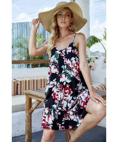 Women's Spaghetti Strap Mini Dress V Neck Boho Floral Printed Casual Summer Beach Short Sundress with Pockets Black Flower $1...