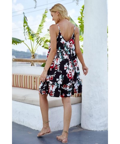 Women's Spaghetti Strap Mini Dress V Neck Boho Floral Printed Casual Summer Beach Short Sundress with Pockets Black Flower $1...