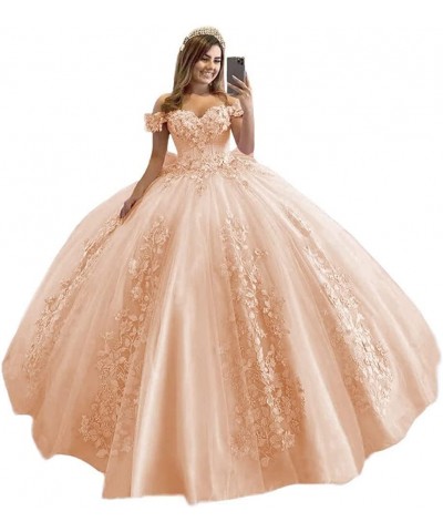 Off Shoulder Quinceanera Dresses for Girls 3D Flower Puffy Ball Gowns for Teens Sweet 16 Lace Prom Dresses for Women Peach $6...