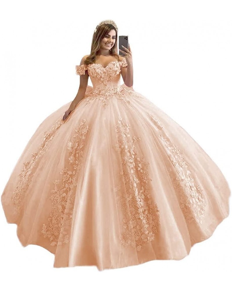 Off Shoulder Quinceanera Dresses for Girls 3D Flower Puffy Ball Gowns for Teens Sweet 16 Lace Prom Dresses for Women Peach $6...