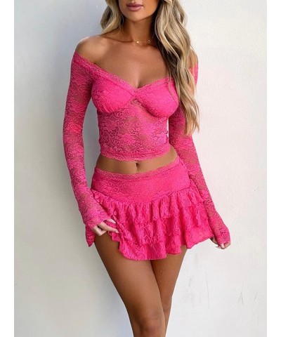 Womens Sexy Summer 2 Piece Outfits Y2K Lace Bandeau Going Out Crop Tops Bodycon Mini Skirt Mini Dress Set B-rose Red $8.80 Suits