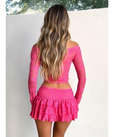 Womens Sexy Summer 2 Piece Outfits Y2K Lace Bandeau Going Out Crop Tops Bodycon Mini Skirt Mini Dress Set B-rose Red $8.80 Suits