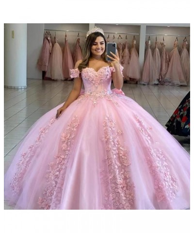 Off Shoulder Quinceanera Dresses for Girls 3D Flower Puffy Ball Gowns for Teens Sweet 16 Lace Prom Dresses for Women Peach $6...