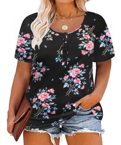 Plus Size Tops for Women Short Sleeve Button Henley Shirts Oversized Summer Tunic Blouse XL-6XL A9c-floral Black $12.25 Tops