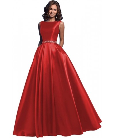 Women's A Line Satin Prom Dresses Long Ball Gown Ruched Beaded Evening Formal Party Dress with Pockets Red $41.80 Dresses