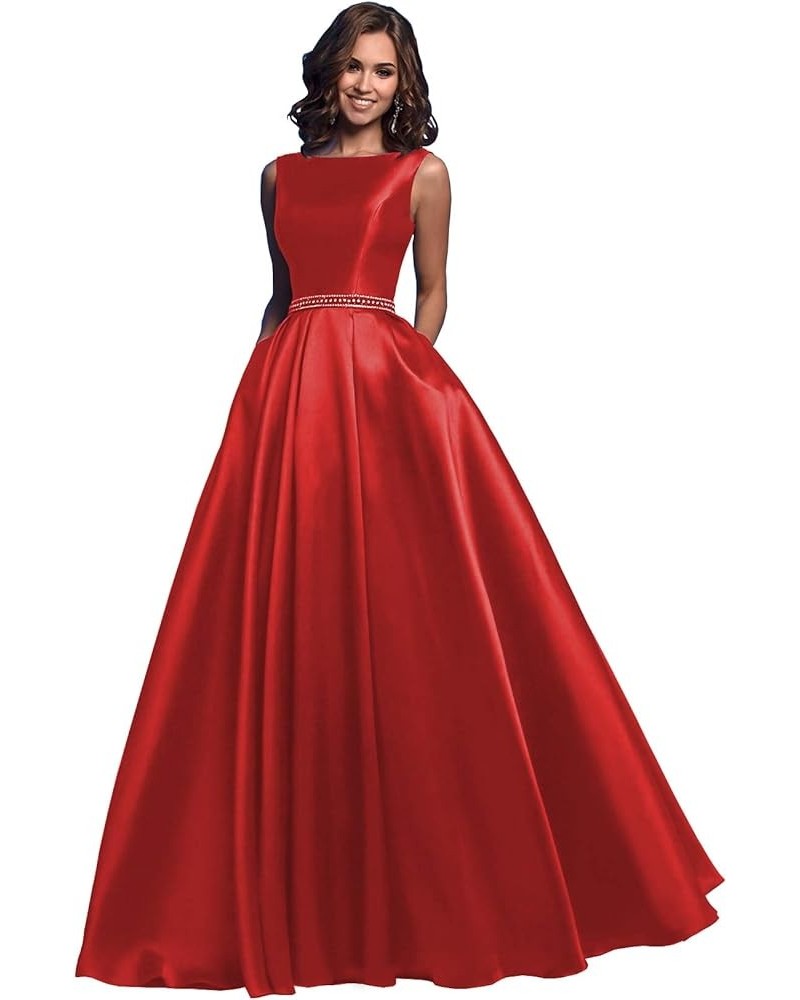 Women's A Line Satin Prom Dresses Long Ball Gown Ruched Beaded Evening Formal Party Dress with Pockets Red $41.80 Dresses