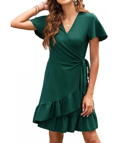 Women's Summer Wrap V Neck Polka Dot Print Ruffle Short Sleeve Mini Floral Dress with Belt C Solid Dark Green $15.74 Dresses