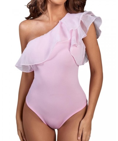 Women's Ruffle Sheer Mesh Puff Sleeve One Shoulder Leotard Bodysuit Pink X-Large $6.35 Bodysuits