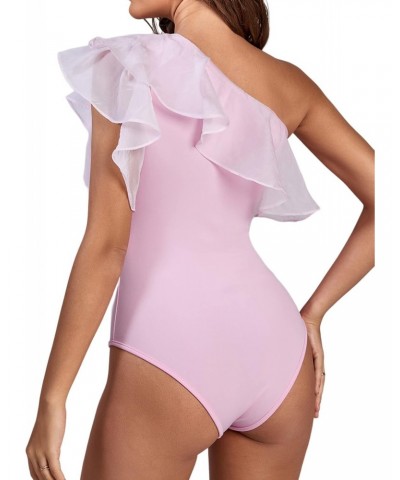 Women's Ruffle Sheer Mesh Puff Sleeve One Shoulder Leotard Bodysuit Pink X-Large $6.35 Bodysuits