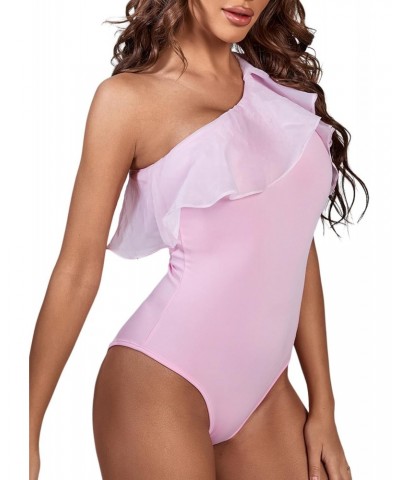 Women's Ruffle Sheer Mesh Puff Sleeve One Shoulder Leotard Bodysuit Pink X-Large $6.35 Bodysuits