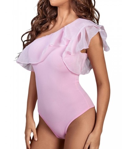 Women's Ruffle Sheer Mesh Puff Sleeve One Shoulder Leotard Bodysuit Pink X-Large $6.35 Bodysuits