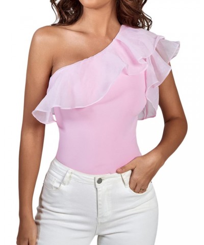 Women's Ruffle Sheer Mesh Puff Sleeve One Shoulder Leotard Bodysuit Pink X-Large $6.35 Bodysuits