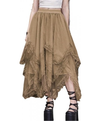 Women's Lace Trim Layered Mesh Tulle Skirt High Waist Asymmetrical Long Goth Skirt Khaki $16.73 Skirts