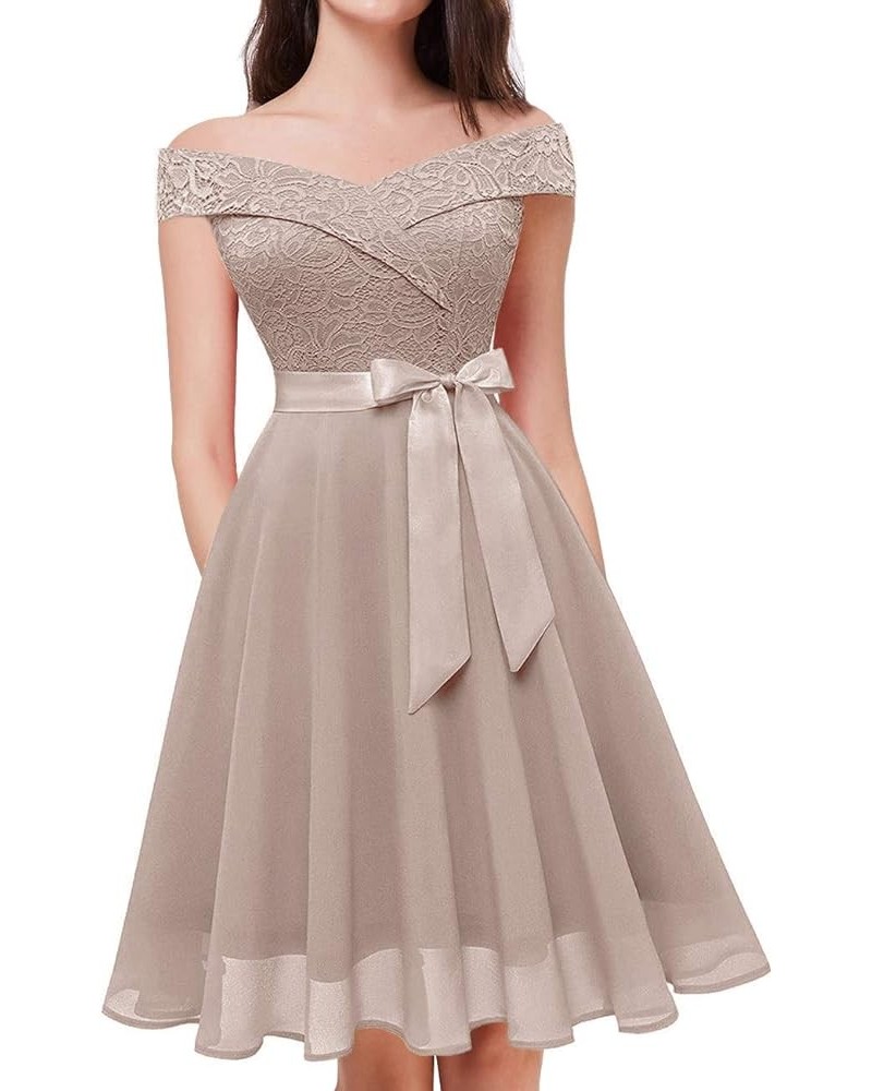 Homecoming Dress Bridesmaid Dresses for Wedding Guest Dress Lace Chiffon Prom Gowns Off Shoulder Taupe $27.00 Dresses