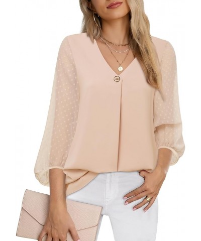 Womens Lantern 3/4 Sleeve Causal Loose V Neck Chiffon Blouses Tops Beige $14.70 Blouses