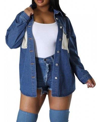 Women's Denim Jacket Long Sleeve Denim Jean Biker Coat Deep Blue $10.25 Jackets