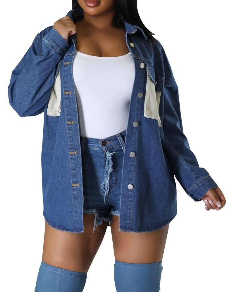 Women's Denim Jacket Long Sleeve Denim Jean Biker Coat Deep Blue $10.25 Jackets