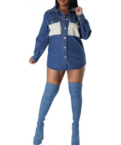 Women's Denim Jacket Long Sleeve Denim Jean Biker Coat Deep Blue $10.25 Jackets