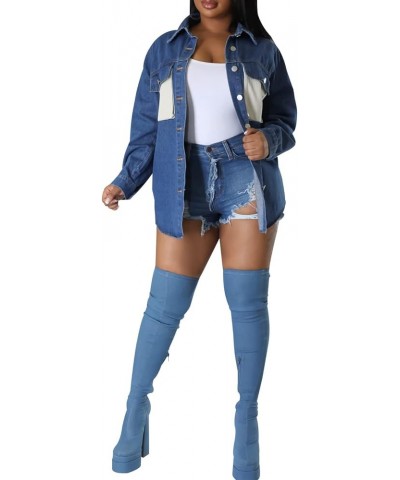 Women's Denim Jacket Long Sleeve Denim Jean Biker Coat Deep Blue $10.25 Jackets