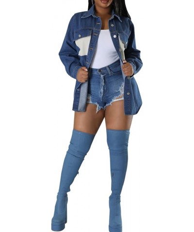 Women's Denim Jacket Long Sleeve Denim Jean Biker Coat Deep Blue $10.25 Jackets