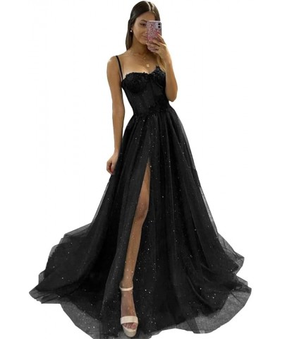 Glitter Tulle Prom Dress 2024 Long Ball Gown with Slit Spaghetti Straps Sweetheart Applique Formal Evening Party Gown Black $...