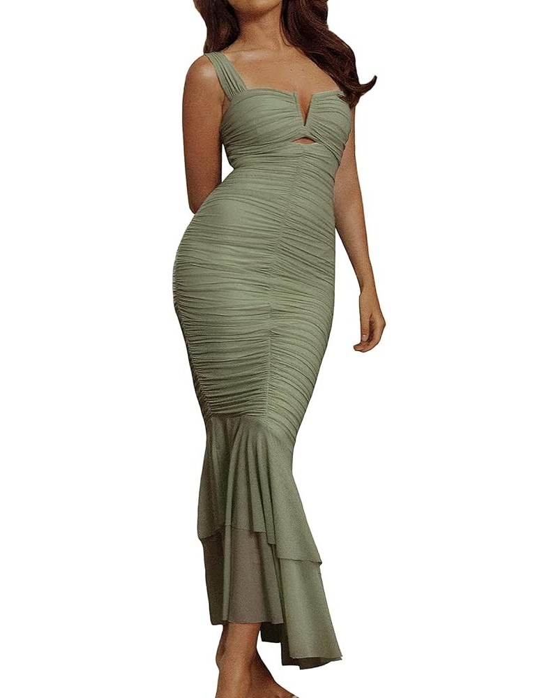 Women's Sexy Backless Zipper Pleated Ruffles Mermaid Fishtail Evening Party Bodycon Maxi Dress Green $15.91 Dresses