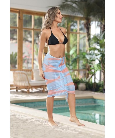 Women Sexy See-Through Mesh Cover Up Skirt Chiffon Ruched Sarong Bikini Cover-up Light Blue $17.35 Swimsuits