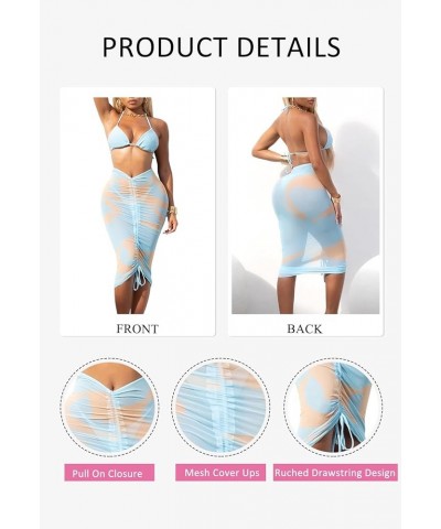 Women Sexy See-Through Mesh Cover Up Skirt Chiffon Ruched Sarong Bikini Cover-up Light Blue $17.35 Swimsuits