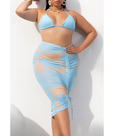 Women Sexy See-Through Mesh Cover Up Skirt Chiffon Ruched Sarong Bikini Cover-up Light Blue $17.35 Swimsuits