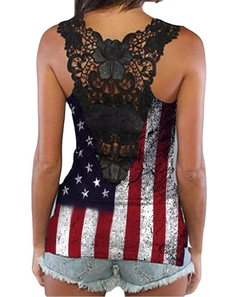 4Th of July Tank Tops Shirts for Women American US Flag Sleeveless Open Back Lace Cutout Top A $13.52 Tanks