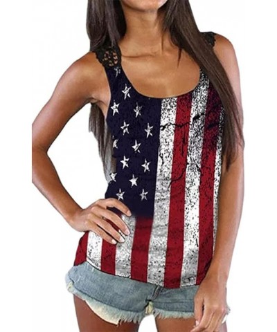 4Th of July Tank Tops Shirts for Women American US Flag Sleeveless Open Back Lace Cutout Top A $13.52 Tanks