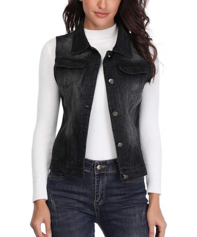 Denim Vest for Women Sleeveless Button up Washed Cropped Jean Jacket Black $17.64 Vests