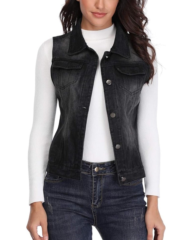 Denim Vest for Women Sleeveless Button up Washed Cropped Jean Jacket Black $17.64 Vests