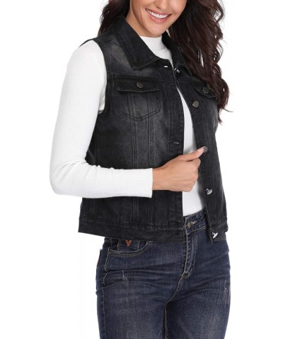 Denim Vest for Women Sleeveless Button up Washed Cropped Jean Jacket Black $17.64 Vests