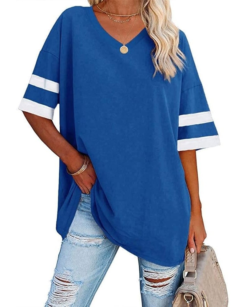 Womens Oversized T Shirts Half Sleeve V Neck Tees Comfy Cozy Cotton Blend Tunic Tops Solid Color Blouses V-neck Blue $11.04 Tops