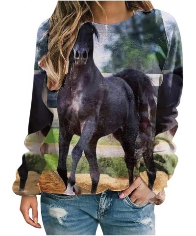 Women 3D Horse Graphic Sweatshirt Vintage Oil Paint Print Distressed T Shirt Classic Crewneck Pullover Casual Long Sleeve Top...