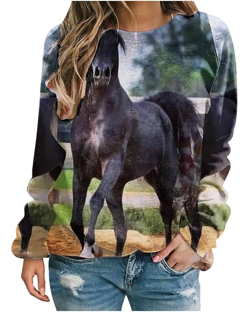 Women 3D Horse Graphic Sweatshirt Vintage Oil Paint Print Distressed T Shirt Classic Crewneck Pullover Casual Long Sleeve Top...