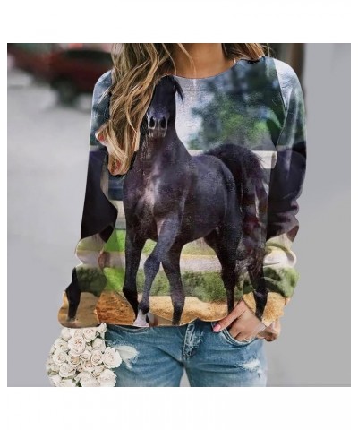 Women 3D Horse Graphic Sweatshirt Vintage Oil Paint Print Distressed T Shirt Classic Crewneck Pullover Casual Long Sleeve Top...