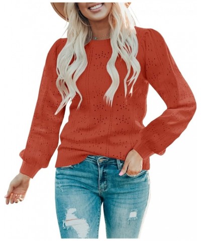 Womens Fall Puff Long Sleeve Pullover Sweaters Tops Soft Dot Crew Neck Shirt Lightweight Hollow Out Knit Sweater Brick Red $9...