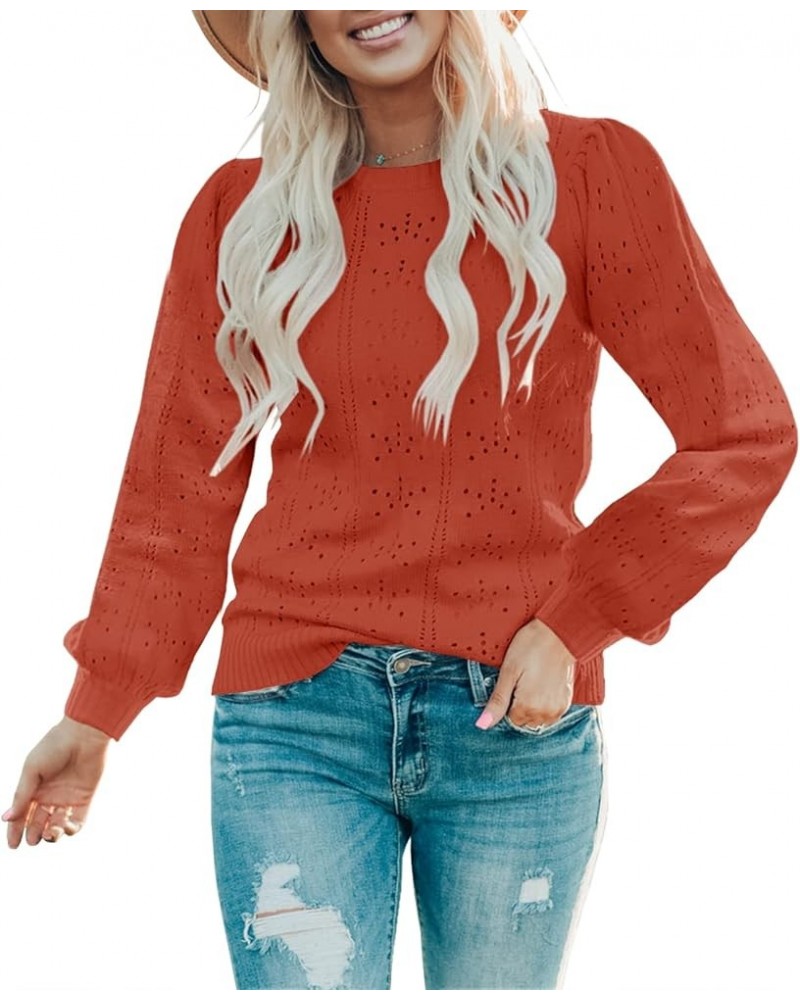 Womens Fall Puff Long Sleeve Pullover Sweaters Tops Soft Dot Crew Neck Shirt Lightweight Hollow Out Knit Sweater Brick Red $9...