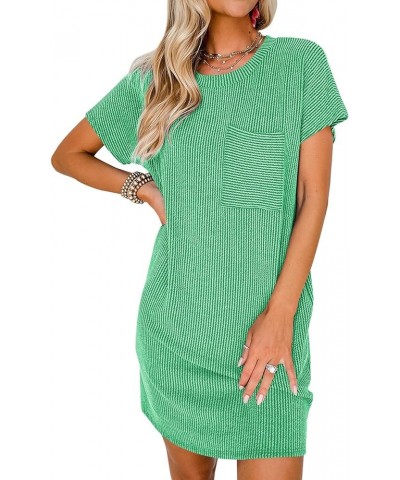 Womens Casual Summer Crewneck Short Sleeve Striped Textured Ribbed Mini Tshirt Shift Dress Green $16.19 Dresses