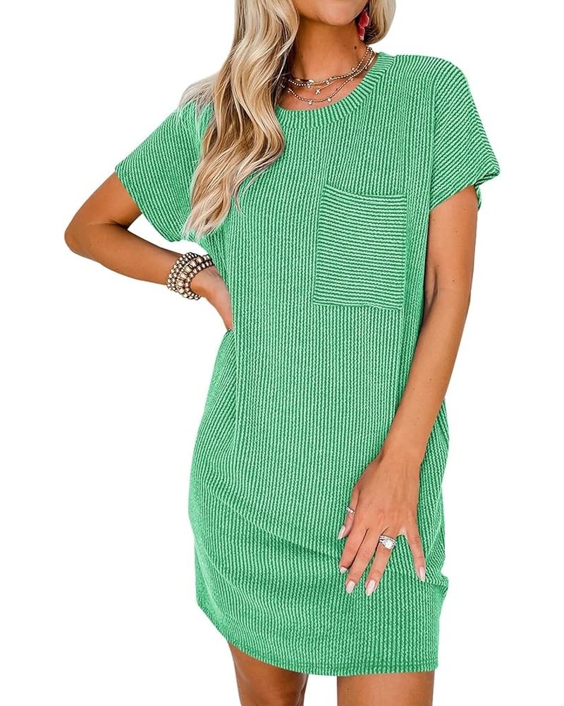 Womens Casual Summer Crewneck Short Sleeve Striped Textured Ribbed Mini Tshirt Shift Dress Green $16.19 Dresses