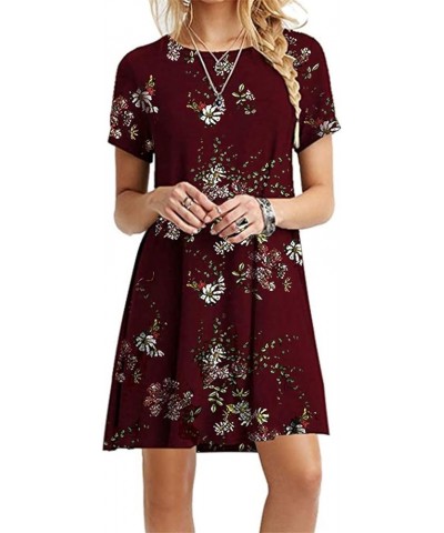 Women's Short Sleeve Boho Floral Beach Dress Summer Casual Tshirt Dresses Loose Shirt Dress Wine Red Flower $10.50 Dresses