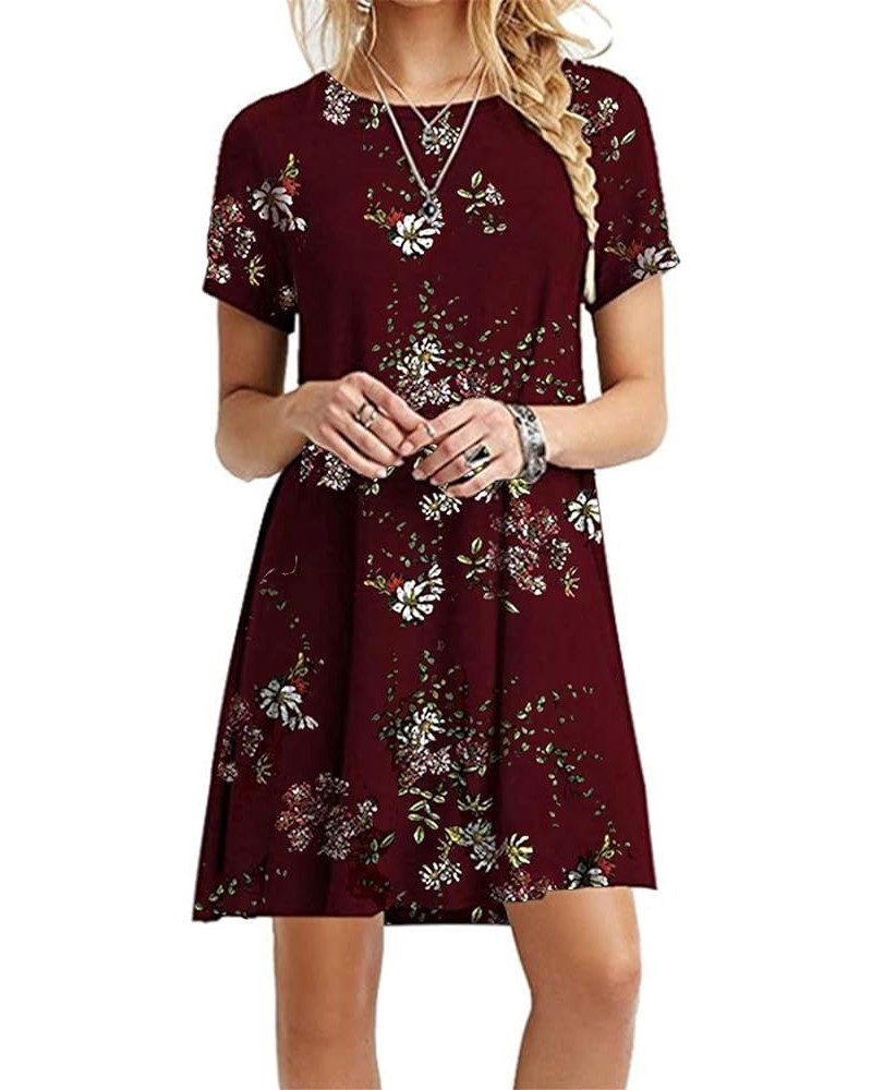 Women's Short Sleeve Boho Floral Beach Dress Summer Casual Tshirt Dresses Loose Shirt Dress Wine Red Flower $10.50 Dresses