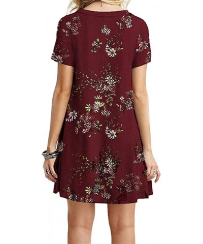 Women's Short Sleeve Boho Floral Beach Dress Summer Casual Tshirt Dresses Loose Shirt Dress Wine Red Flower $10.50 Dresses