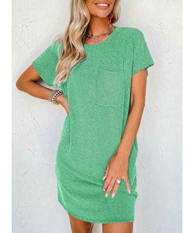 Womens Casual Summer Crewneck Short Sleeve Striped Textured Ribbed Mini Tshirt Shift Dress Green $16.19 Dresses