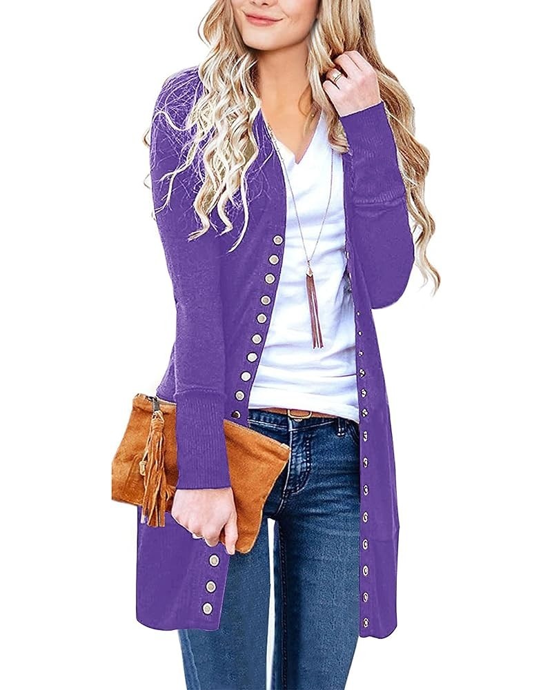 Women's 2024 Fall Long Sleeve Snap Button Down Solid Color Knit Ribbed Neckline Cardigans Dark Purple $15.96 Sweaters